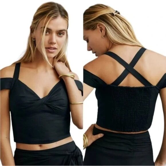 Anthropologie Maeve Black Linen Crop Top - Picture 1 of 5